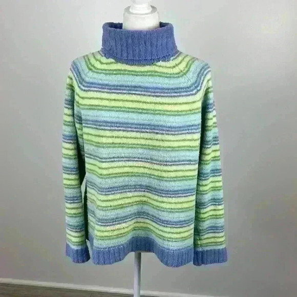 Carolyn Taylor Blue & Green Striped Turtleneck Sweater Size Large - Picture 1 of 10